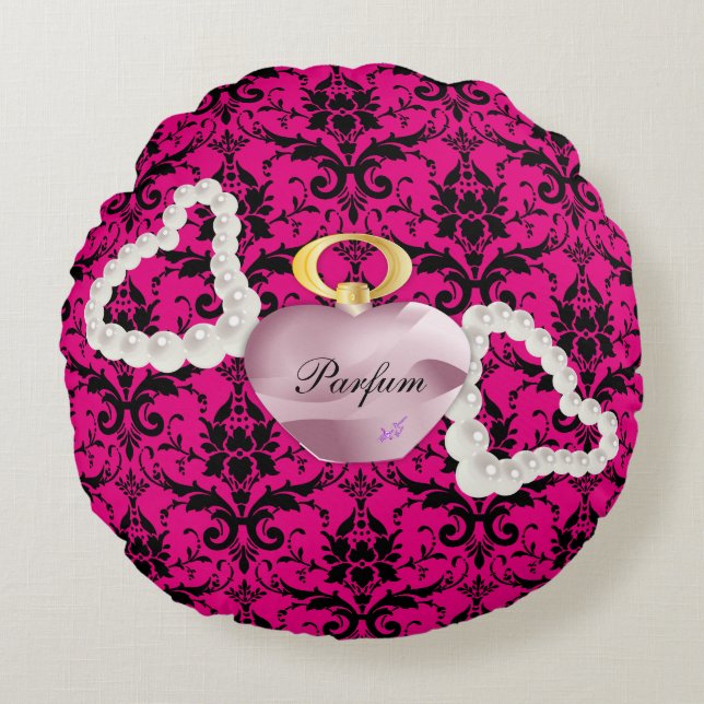 Parfum et perles Coussin rond rose Damas (Devant)