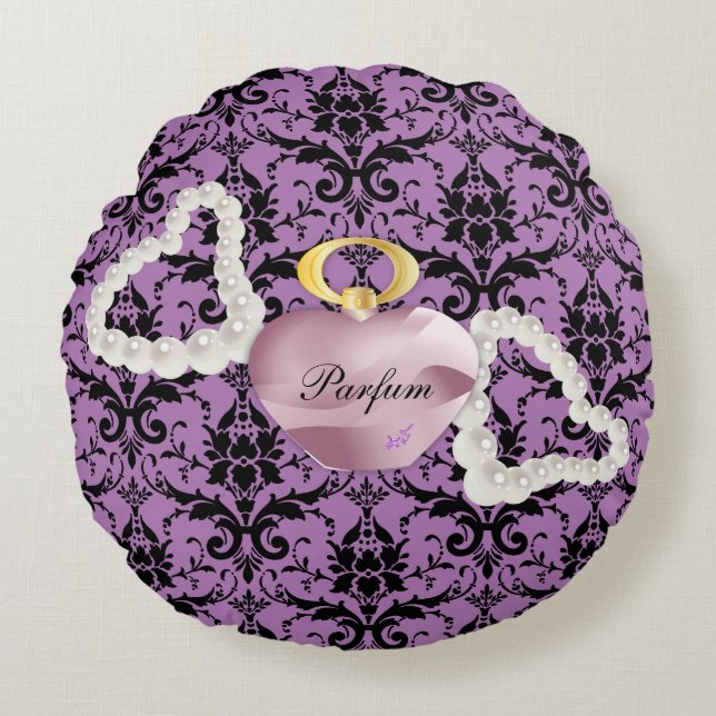 Parfum & Pearls Purple Damask Round Pillow (Front)