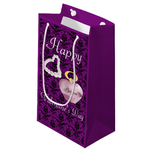 Parfum&Pearls Valentine's Day Dark Purple Damask Small Gift Bag (Front Angled)