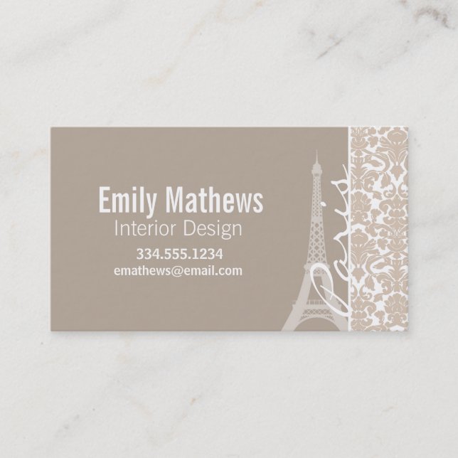 Paris; Almond Colour Damask Pattern Business Card (Front)