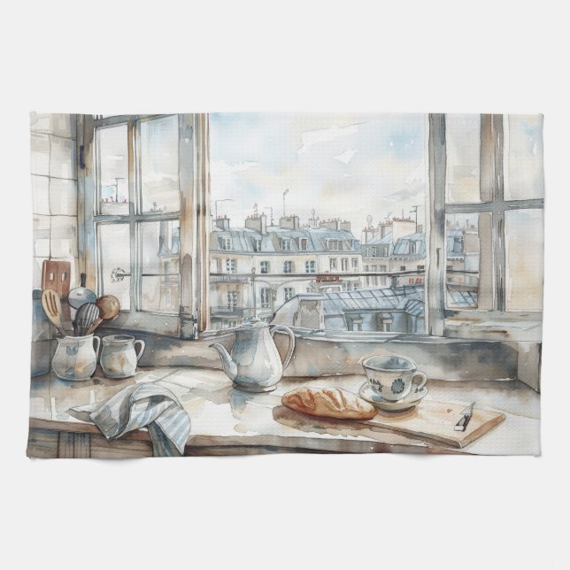Paris Apartment Kitchen Watercolor with Rooftop Vi Kitchen Towel (Horizontal)