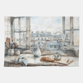 Paris Apartment Kitchen Watercolor with Rooftop Vi Towel