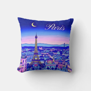 Paris at Twilight Under a Crescent Moon Throw Pillow