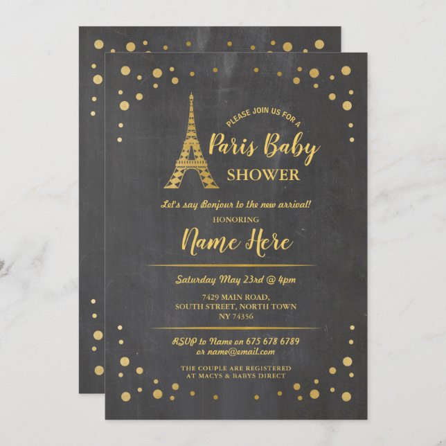 Paris Baby Shower Chalk Gold Eiffel Tower Invitation (Front/Back)