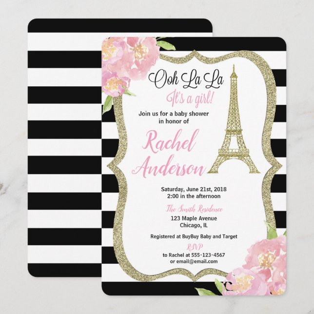Paris baby shower invitation fille or rose (Devant / Derrière)