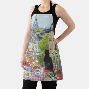 Paris Balcony Breakfast Cat Eiffel Tower Kitchen Apron