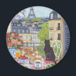 Paris Balcony Cat Breakfast Eiffel Tower Fridge Magnet<br><div class="desc">Add a little Parisian charm to your kitchen with this delightful fridge magnet featuring a cozy balcony breakfast scene. A black cat sits peacefully while gazing toward the Eiffel Tower above the rooftops of Paris, surrounded by croissants, strawberries, coffee, and blooming flowers. This charming illustration brings the atmosphere of a...</div>