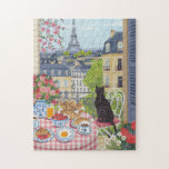 Paris Balcony Cat Breakfast Eiffel Tower Jigsaw Puzzle<br><div class="desc">Enjoy a relaxing puzzle experience with this charming Paris balcony scene featuring a peaceful black cat watching the Eiffel Tower above the rooftops of Paris. A cozy breakfast table with croissants, strawberries, coffee, and blooming flowers creates a delightful Parisian morning atmosphere. This beautifully illustrated jigsaw puzzle is perfect for quiet...</div>