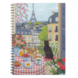 Paris Balcony Cat Breakfast Eiffel Tower Notebook