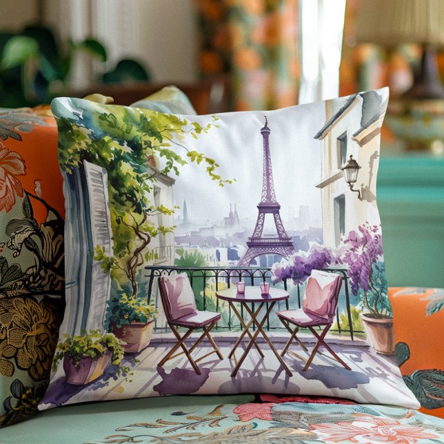 Paris Balcony View Eiffel Tower Watercolor Pillow (Creator Uploaded)