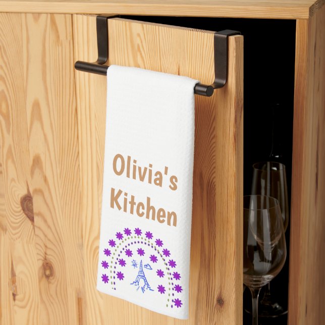Paris Beige Purple White Kitchen Hand Towel (Thirds Fold)