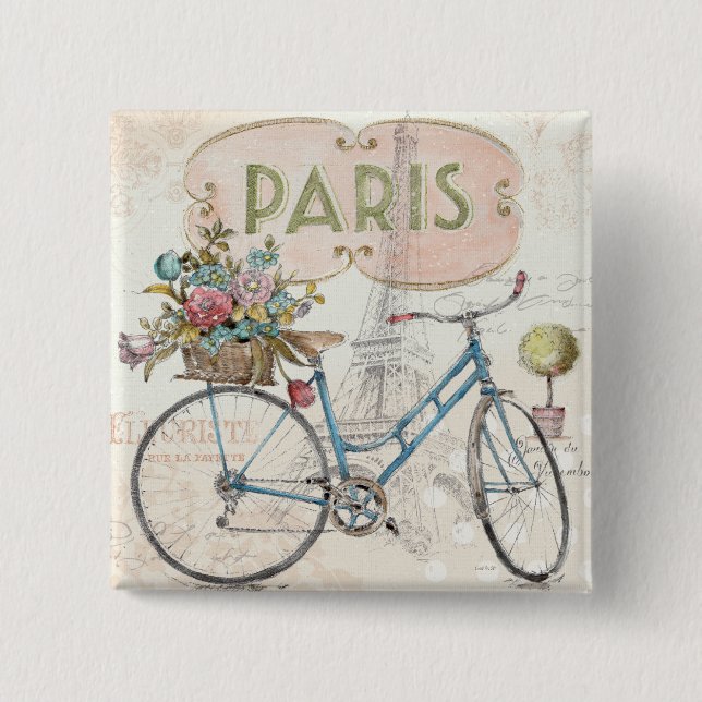 Paris Bike With Flowers 2 Inch Square Button (Front)