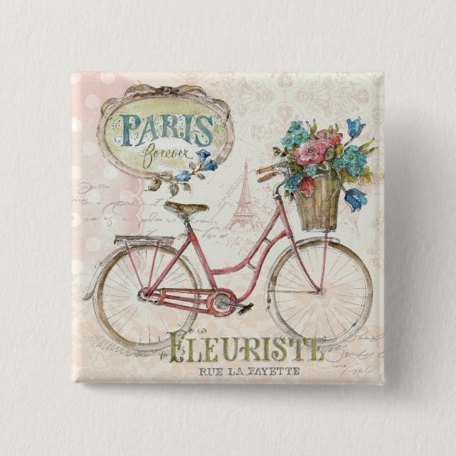 Paris Bike With Flowers In Front 2 Inch Square Button (Front)