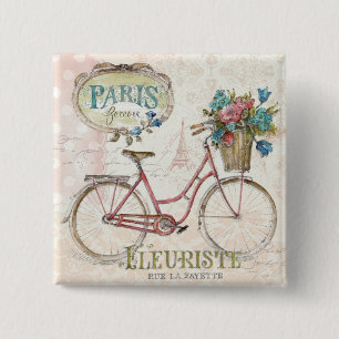Paris Bike With Flowers In Front 2 Inch Square Button