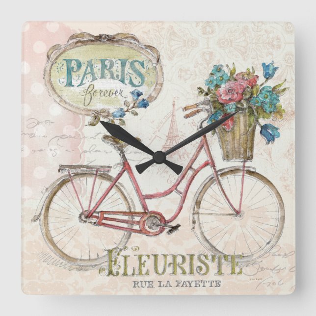 Paris Bike With Flowers In Front Square Wall Clock (Front)