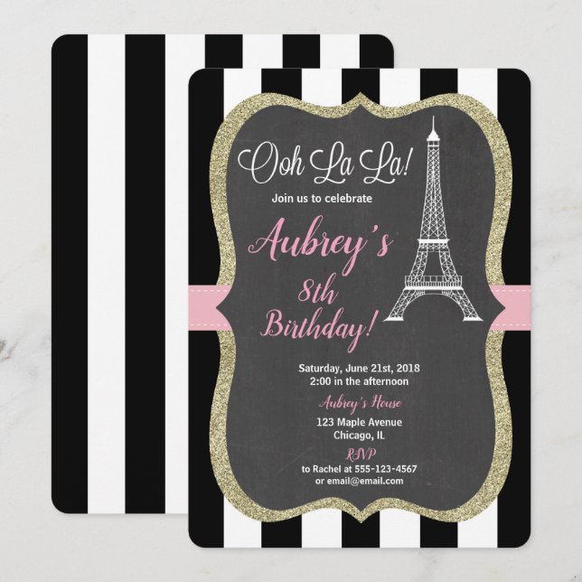 Paris birthday invitation girl pink chalkboard (Front/Back)