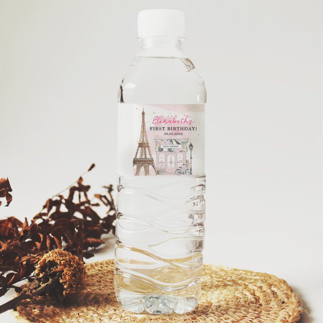 Paris Birthday Parisian Cafe Tea Party Birthday Water Bottle Label (Creator Uploaded)
