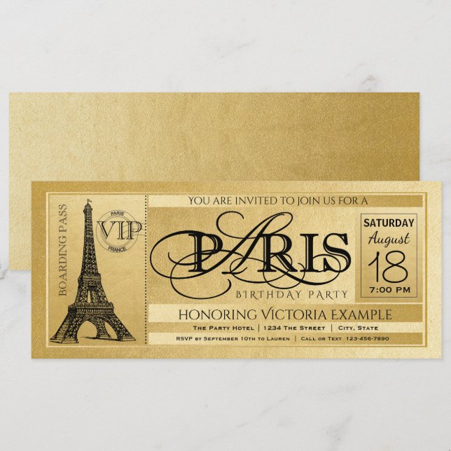 Paris Birthday Party Invitation Gold Paris Ticket (Front/Back)