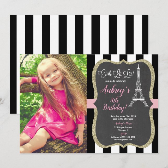 Paris birthday pink gold glitter photo chalkboard invitation (Front/Back)