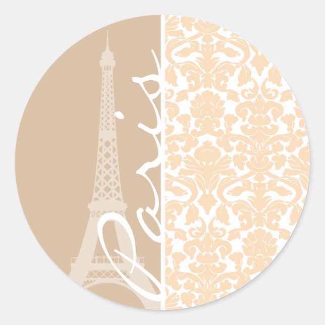 Paris; Bisque Colour Damask Pattern Classic Round Sticker (Front)