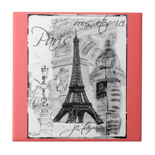 Paris Black & White Eiffel Tower Street Scene Tile (Front)
