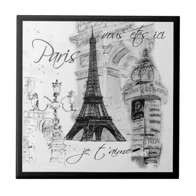 Paris Black & White Eiffel Tower Street Scene Tile (Front)