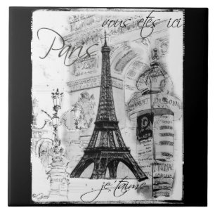 Paris Black & White Eiffel Tower Street Scene Tile