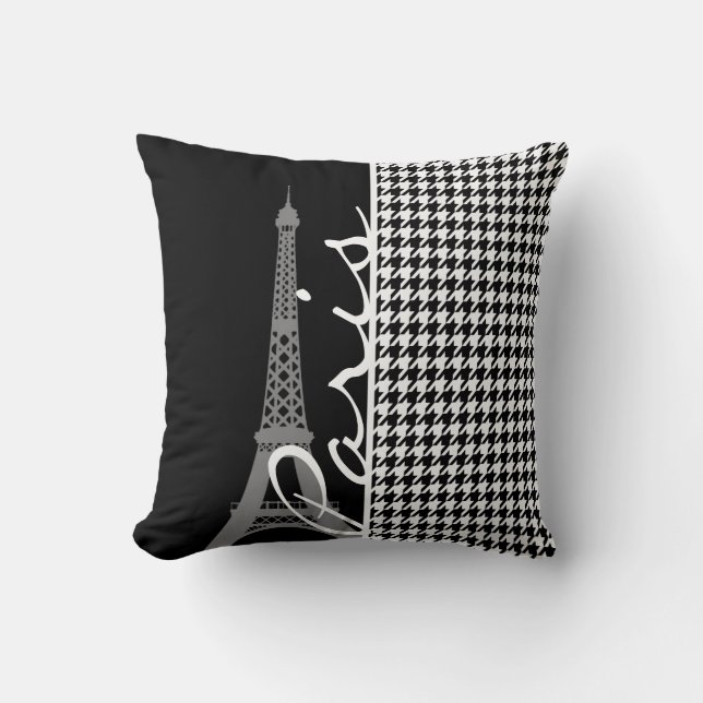 Paris; Black & White Houndstooth Throw Pillow (Front)