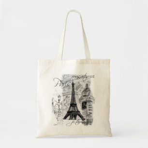 Paris Black & White Street Scene with Eiffel Tower Tote Bag