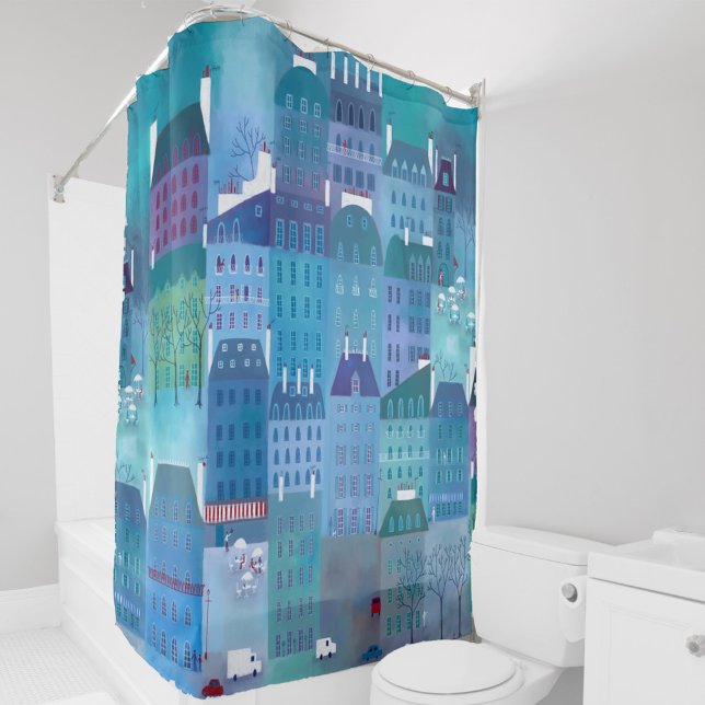 Paris Blue (Painting of Paris France in blue and green. French cityscape art shower curtain.)