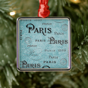 Paris   Blue Damask Metal Ornament