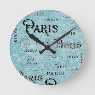 Paris Blue Damask Round Clock