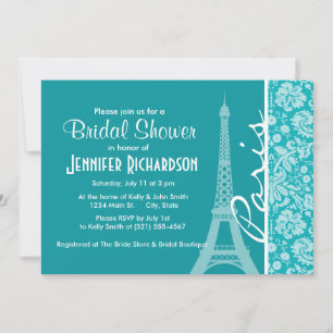 Paris; Blue-Green Damask Pattern Invitation