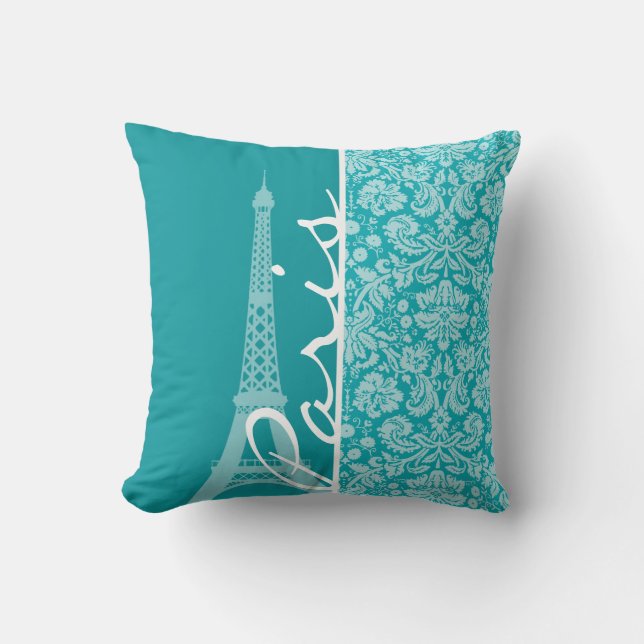 Paris; Blue-Green Damask Pattern Throw Pillow (Front)