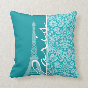 Paris; Blue-Green Damask Pattern Throw Pillow