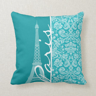 Paris; Blue-Green Damask Pattern Throw Pillow