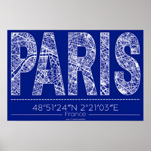 Paris Blueprint Typography Map Poster – Horizontal