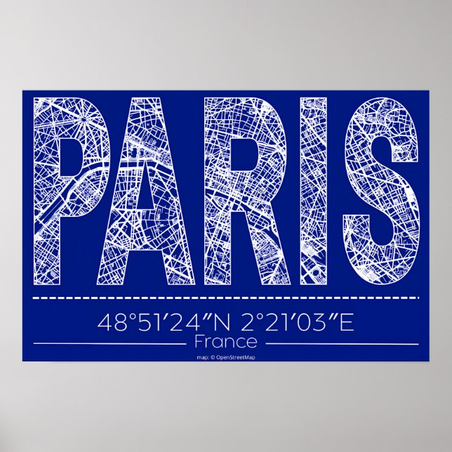 Paris Blueprint Typography Map Poster – Horizontal (Devant)