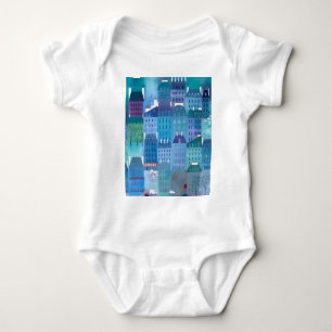 Paris Blues Modern Cityscape Painting Baby Bodysuit