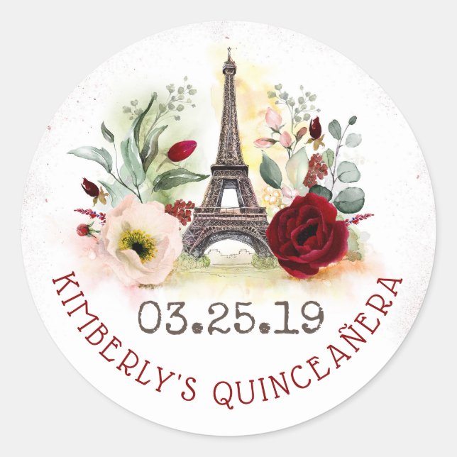 Paris Blush and Burgundy Floral Quinceanera Classic Round Sticker (Front)