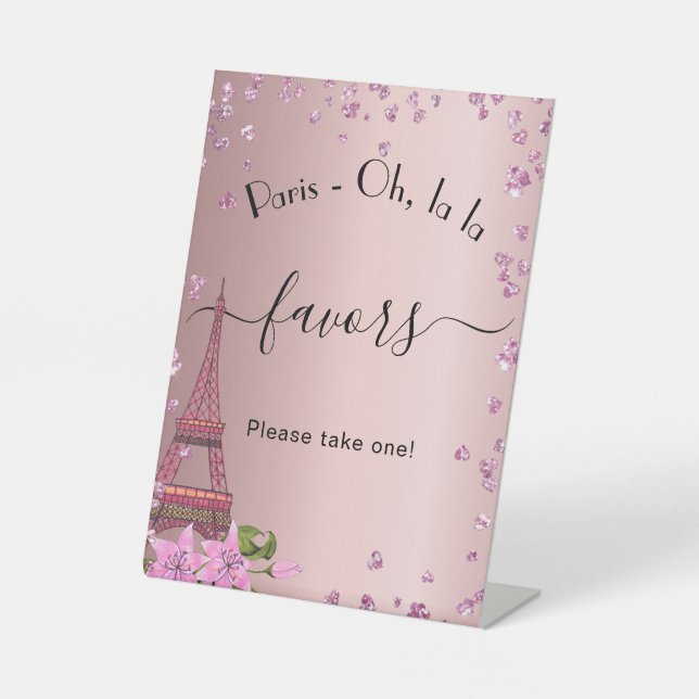 Paris blush pink eiffel tower party favours pedestal sign (Front)