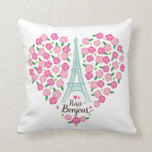 Paris Bonjour Floral Heart Throw Pillow