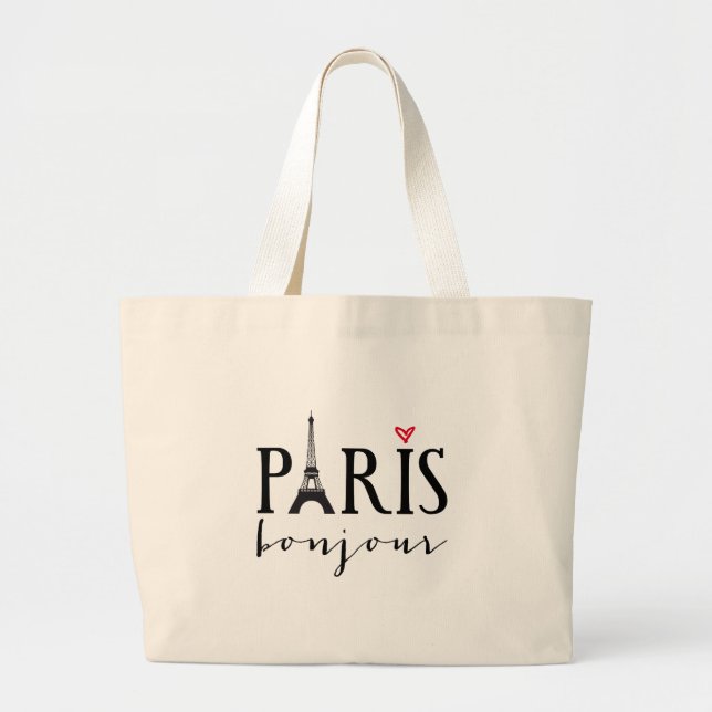 Paris bonjour with Eiffel tower Large Tote Bag (Front)