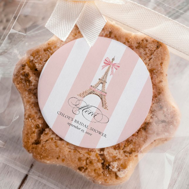 Paris Bow Eiffel Tower  Merci Thanks BRIDAL SHOWER Classic Round Sticker (Creator Uploaded)