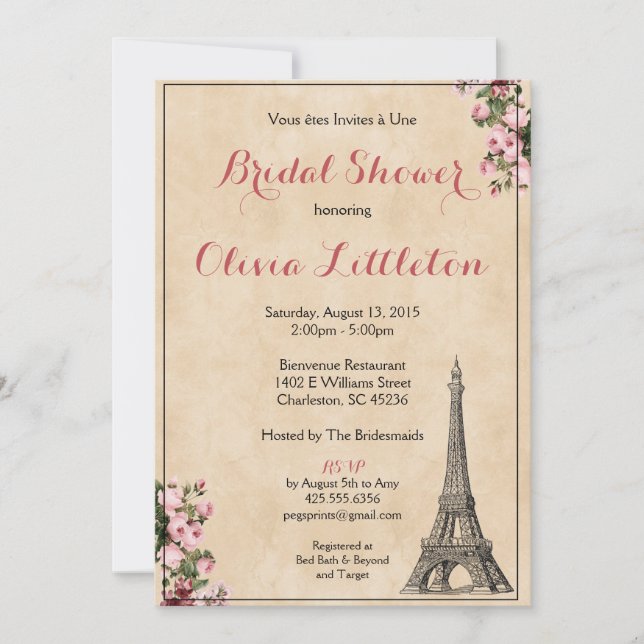 Paris Bridal Shower Invitation - Pink Floral (Front)