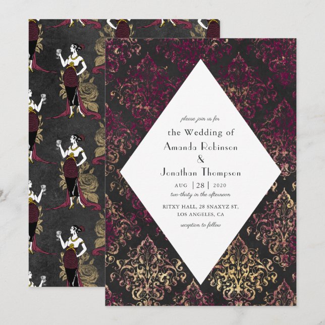 Paris Burgundy and Faux Gold Wine Art Deco Wedding Invitation (Front/Back)