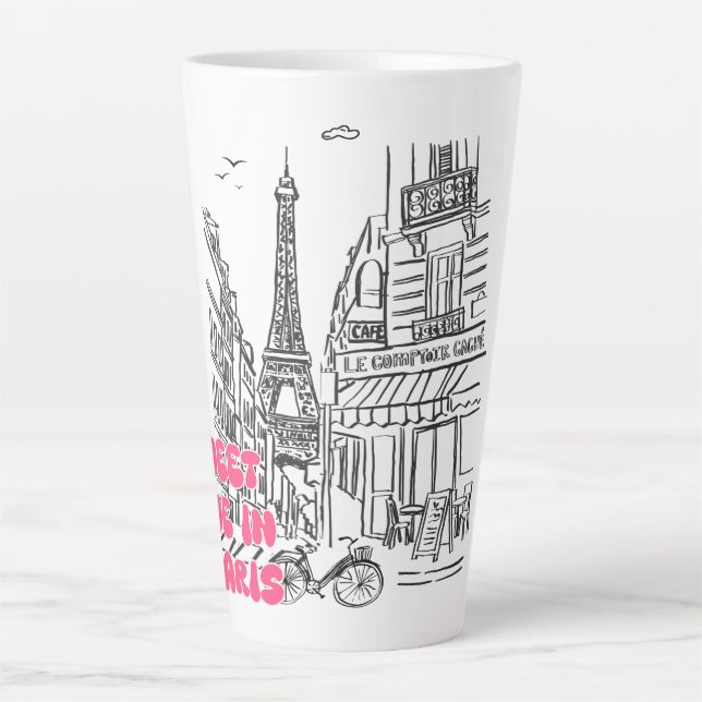 Paris Café–Meet Me in Paris in Pink & Eiffel Tower Latte Mug (Front)