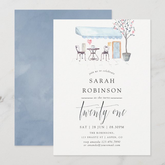 Paris Cafe Watercolor 21st Birthday Party Invite (Front/Back)