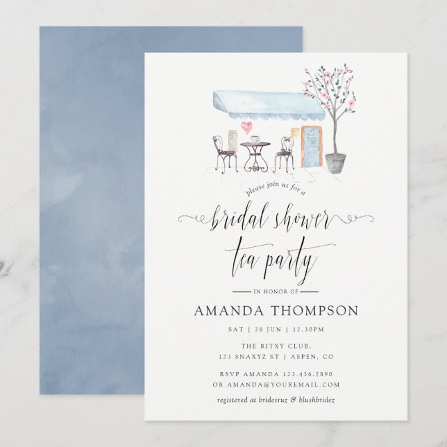 Paris Cafe Watercolor Bridal Shower Tea Party Invitation (Front/Back)