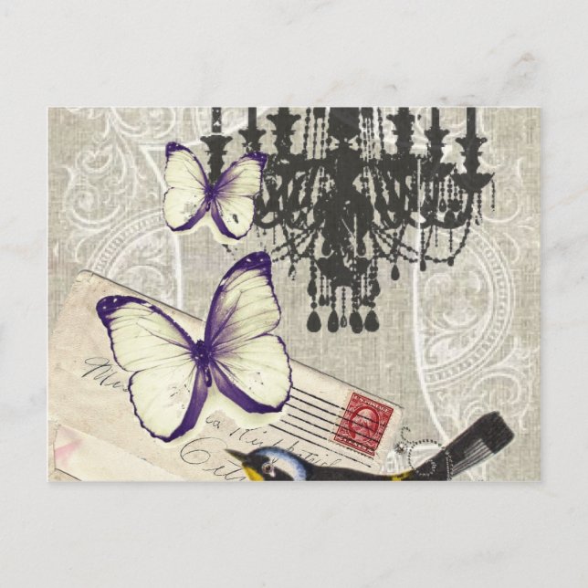 Paris chandelier butterfly bird modern vintage postcard (Front)